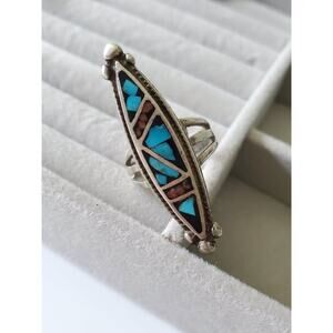 Vintage Navajo Sterling Silver Crushed Turquoise and Coral Inlay Elongated Ring